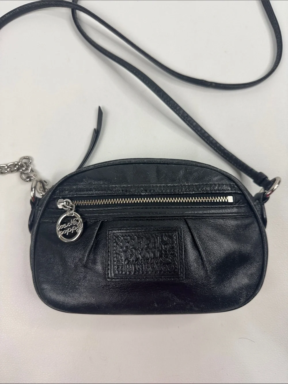 Coach Poppy Black Leather Crossbody with Silver zip & Charm purple lining